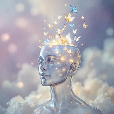 The primary subject of the image is a close-up of a person's head, with a focus on the forehead. The setting is a cloudy sky, which serves as the backdrop for the scene. The visual style is a combination of photo and digital art, creating a unique and artistic representation of the person's head. The colors in the image are predominantly white and blue, giving it a calm and serene atmosphere.